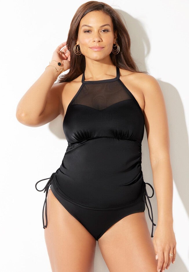 Adjustable Mesh High Neck Tankini Set with Mid Waist Swim Brief, , hi-res image number null