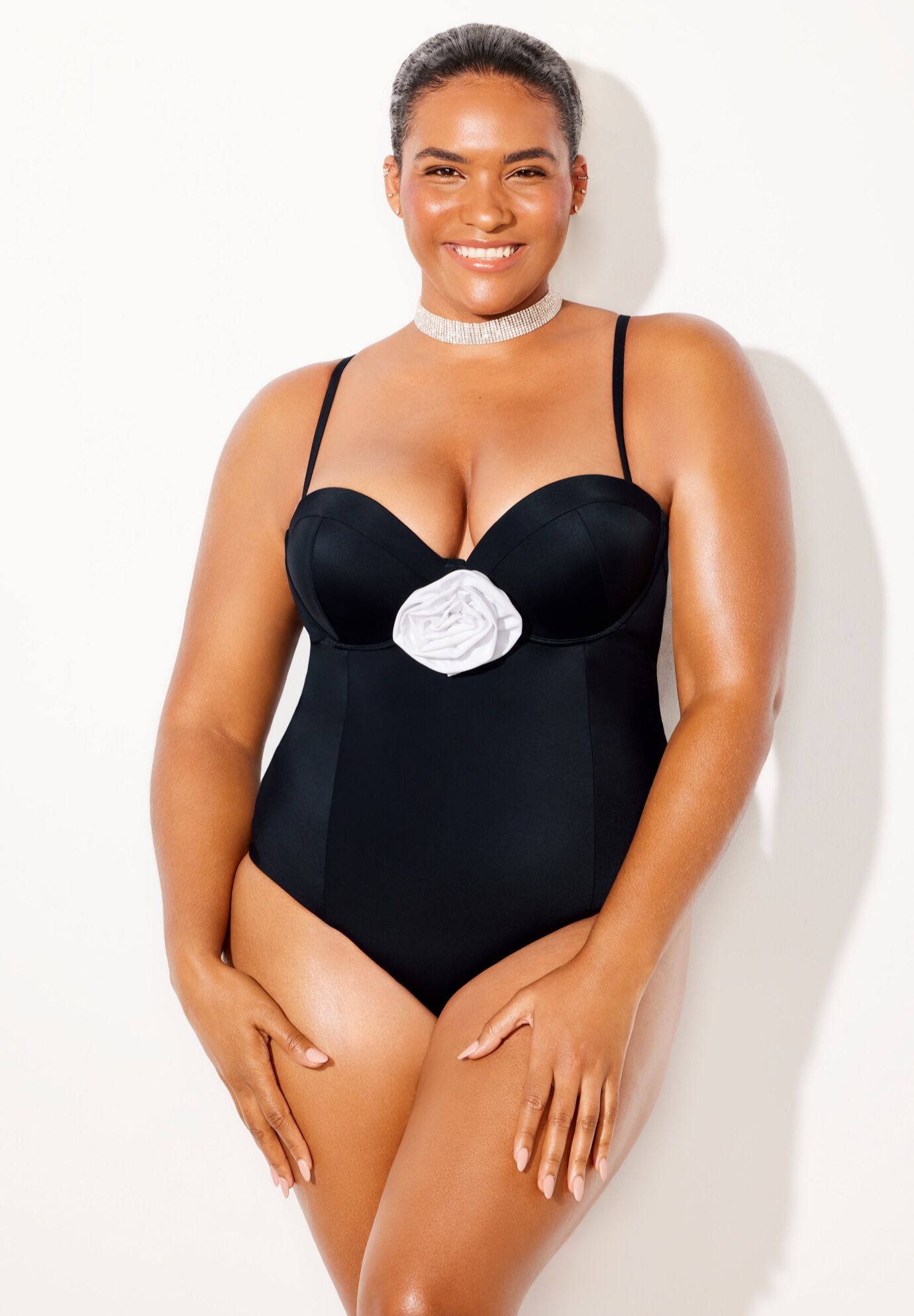Rosette Underwire One Piece Swimsuit, BLACK WHITE, alternate image number 4