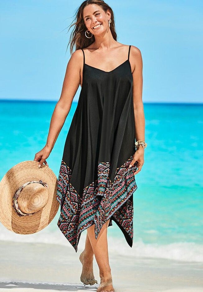 Diane Handkerchief Cover Up Dress, BLACK MULTI BORDER, hi-res image number 0
