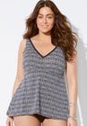 V-Neck Trim Flowy Tankini Top, BLACK WHITE TRIBAL, hi-res image number null