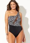 One Shoulder Mesh One Piece Swimsuit, BLACK WHITE DOT, hi-res image number null