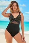 Cut Out Mesh Underwire One Piece Swimsuit, GREEN CAMO, hi-res image number null