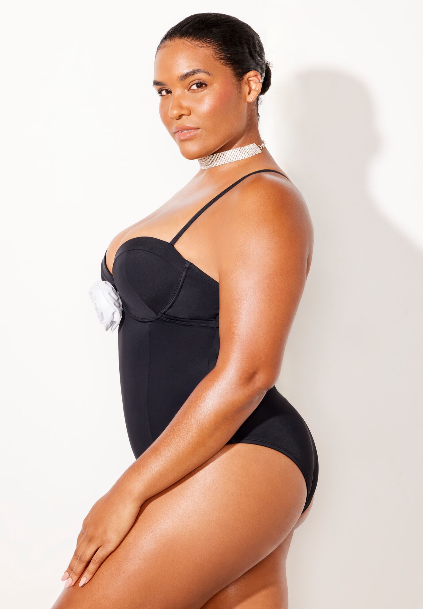 Rosette Underwire One Piece Swimsuit, BLACK WHITE, alternate image number 2
