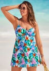 Cup Sized Tie Front Underwire Swimdress, WHITE HULA PALM, hi-res image number null