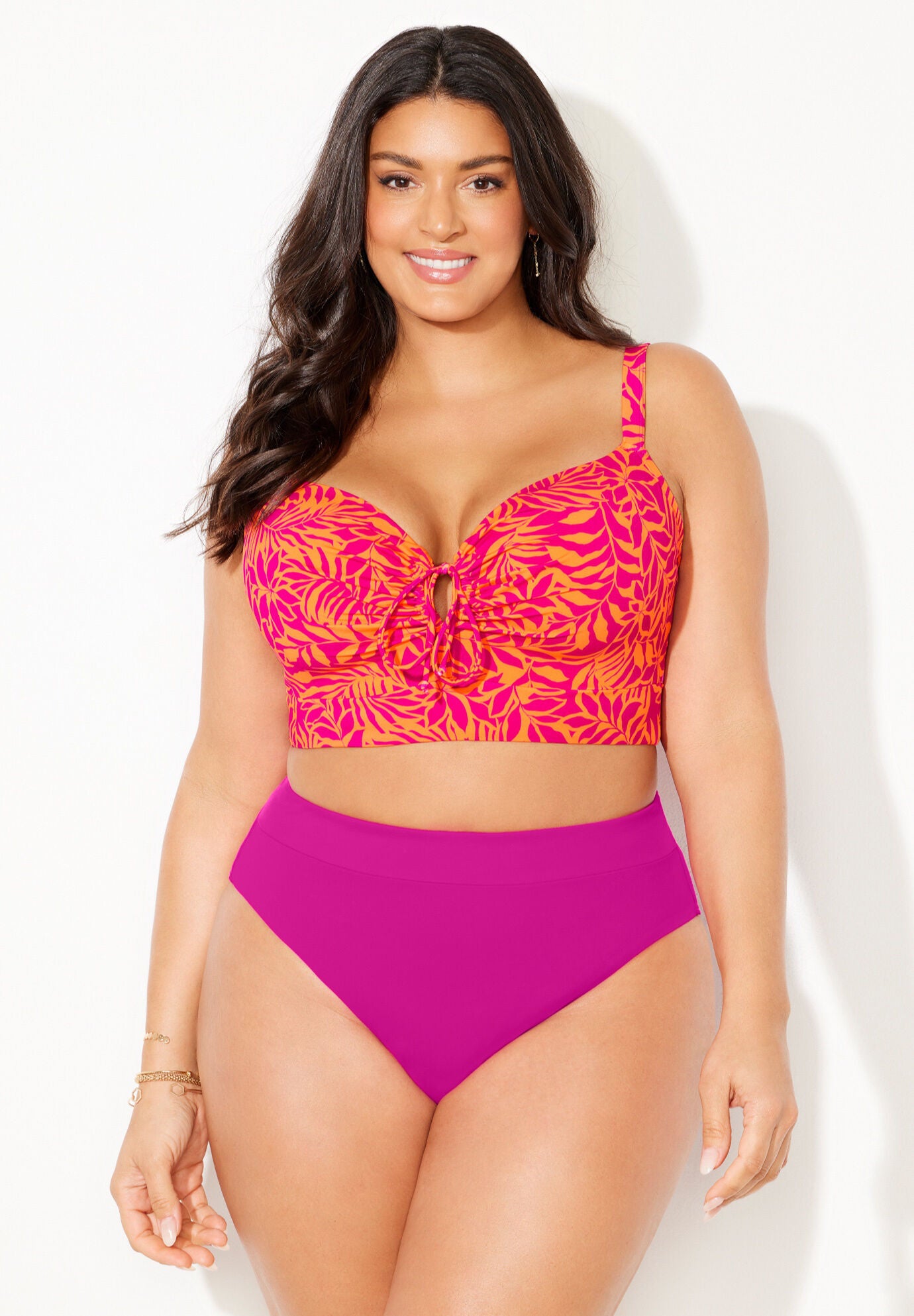 Bra Sized Tie Front Longline Underwire Bikini Set, , alternate image number null