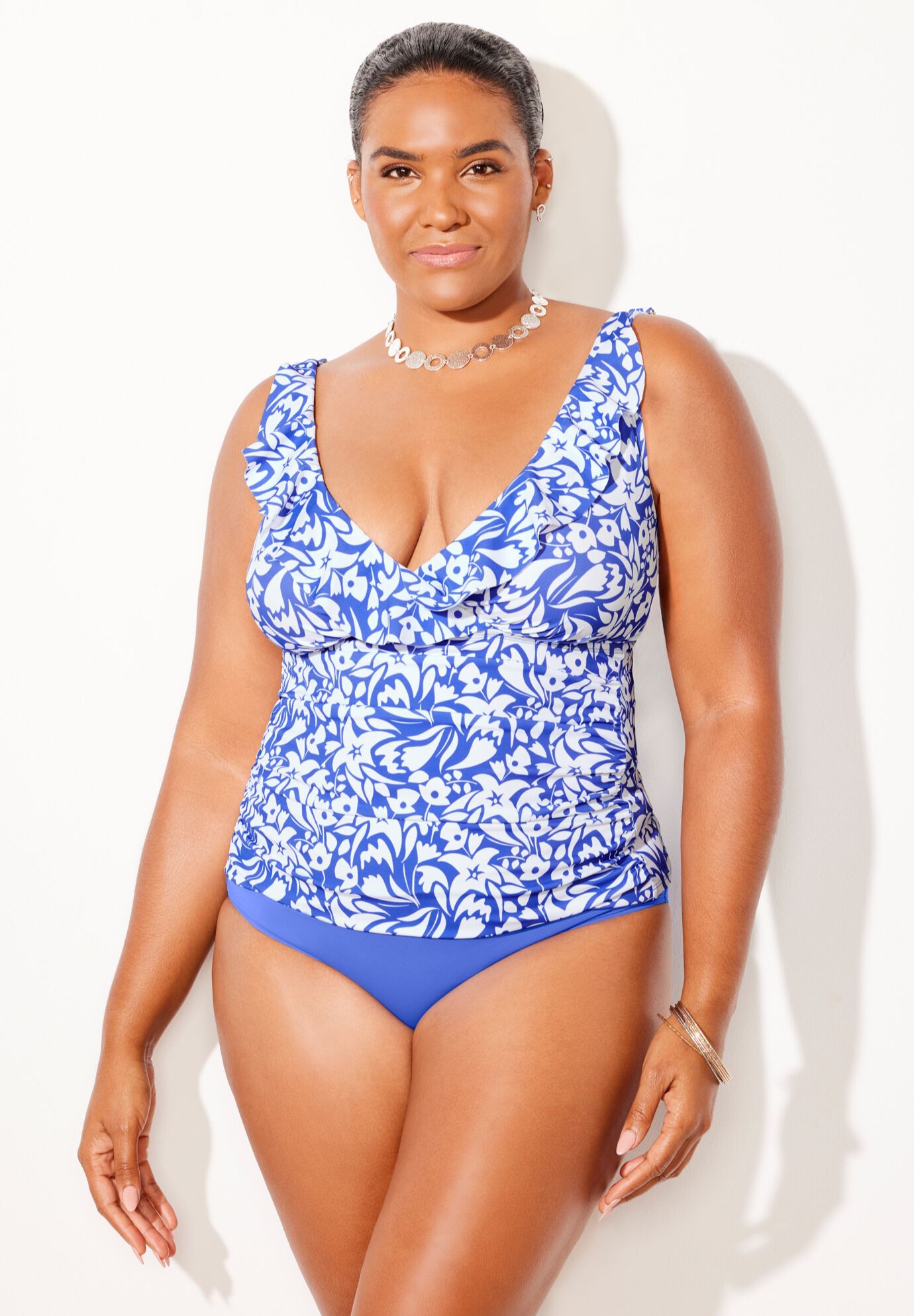 Ruffle V-Neck Tankini Set With Chlorine Resistant Full Coverage Brief, , hi-res image number null