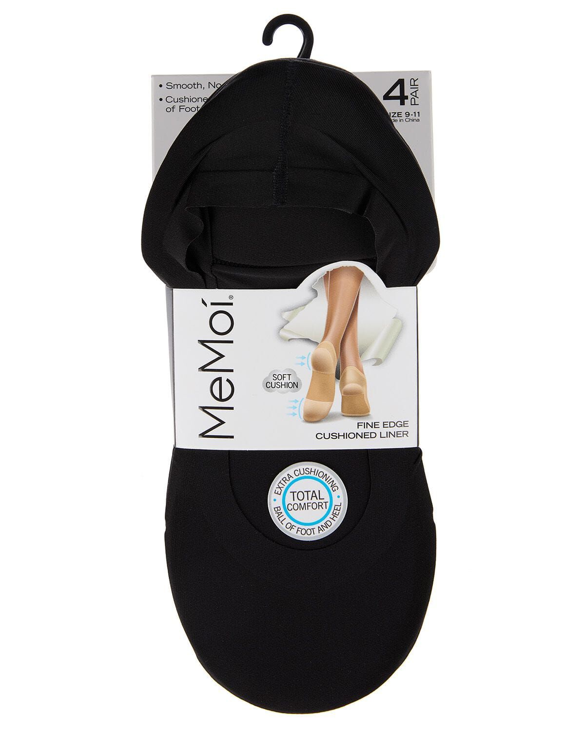 4 Pairs Women's Cushioned Fine Edge No-Show Sock Liner, BLACK, alternate image number 1