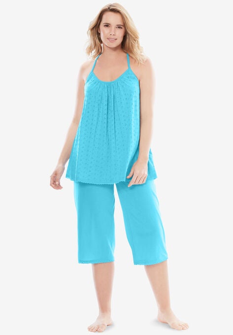 Breezy Eyelet Knit Tank & Capri PJ Set , CARIBBEAN BLUE, hi-res image number null