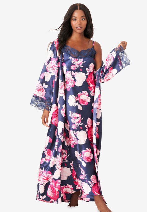 The Luxe Satin Long Peignoir Set , NAVY ROSES, hi-res image number null