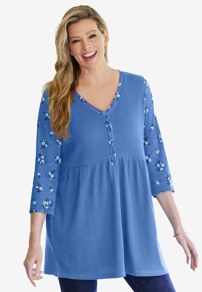 Three Quarter Sleeve Henley Tunic, BLUE COAST BOUQUET, hi-res image number null