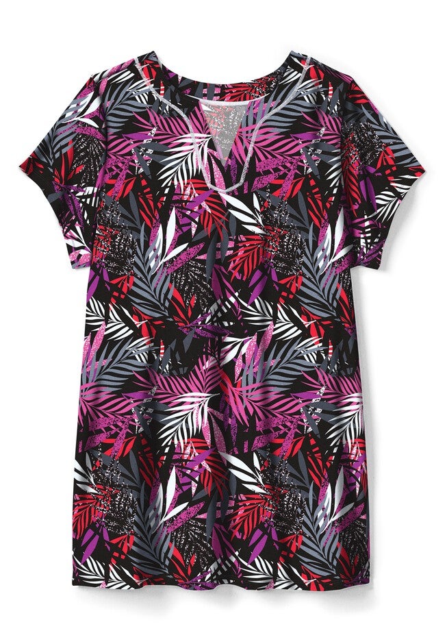 Longer Length Short-Sleeve Swim Tunic, MULTI TEXTURED PALM, alternate image number 2