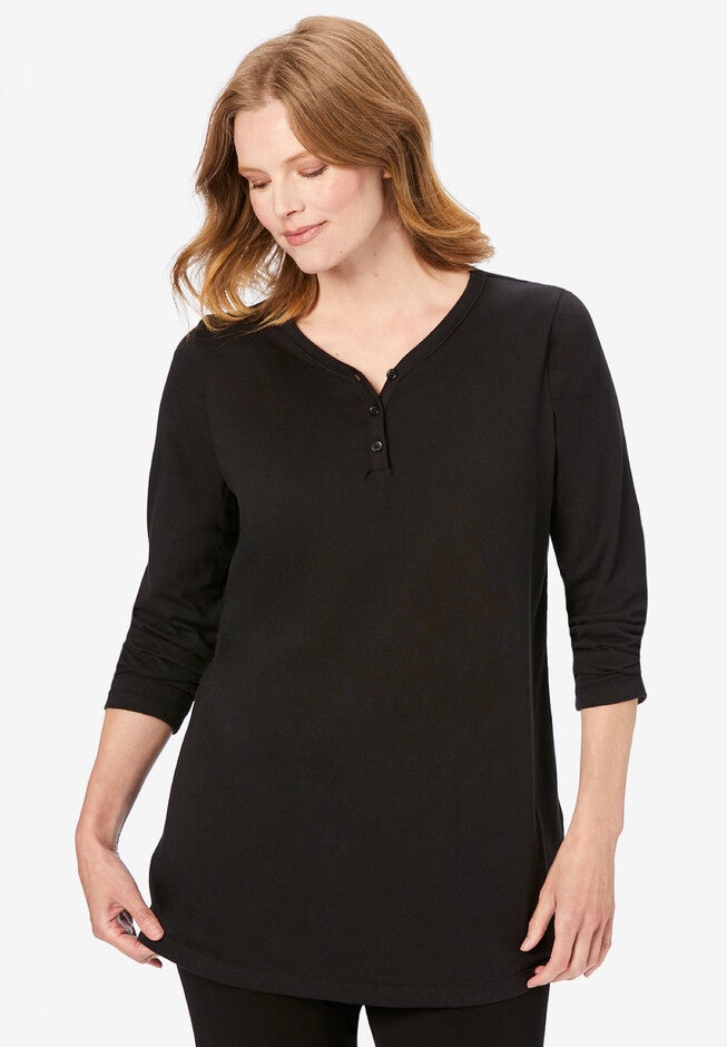 Long Sleeve Henley Sleepshirt, BLACK, hi-res image number null