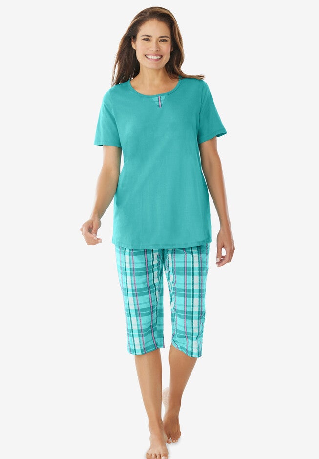 2-Piece Short-Sleeve & Capri PJ set, AQUAMARINE PLAID, hi-res image number 0