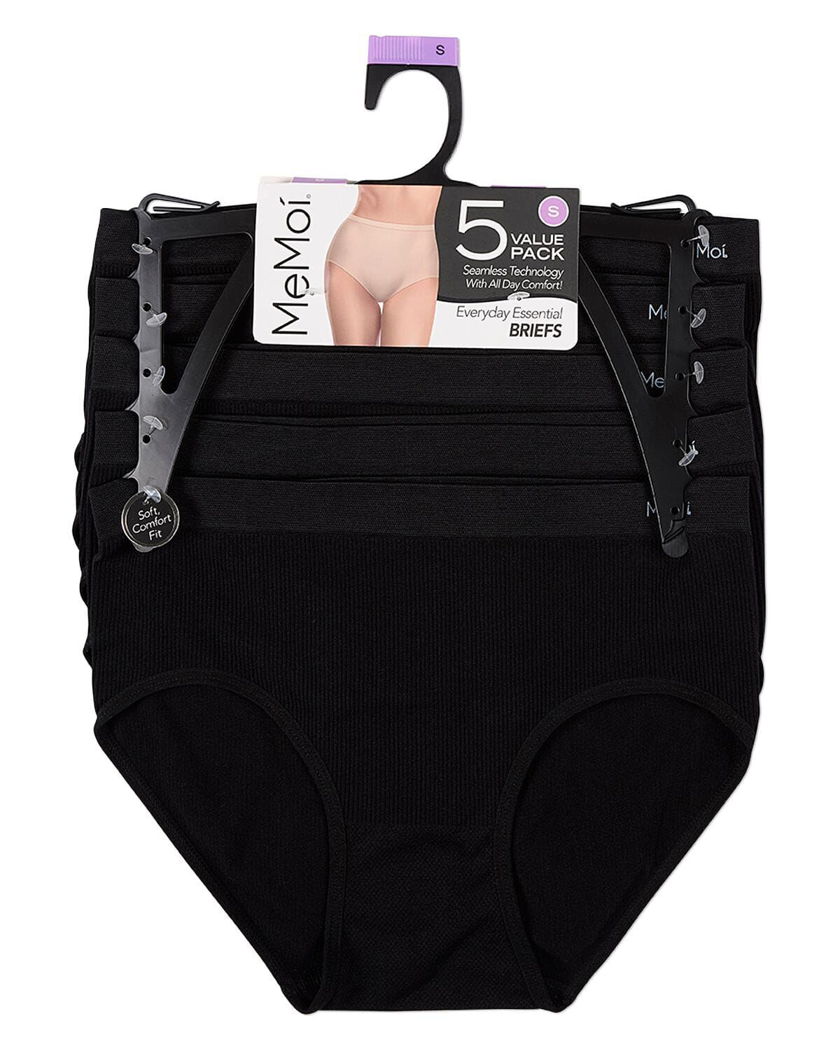 5 Pair Women's Seamless Pin-Rib Tag-Free Full-Coverage Brief Panties, BLACK, alternate image number 1