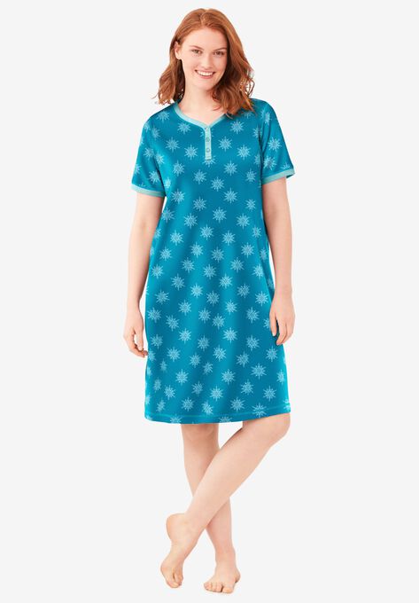 Short Henley Sleepshirt , DEEP TEAL SNOWFLAKES, hi-res image number null