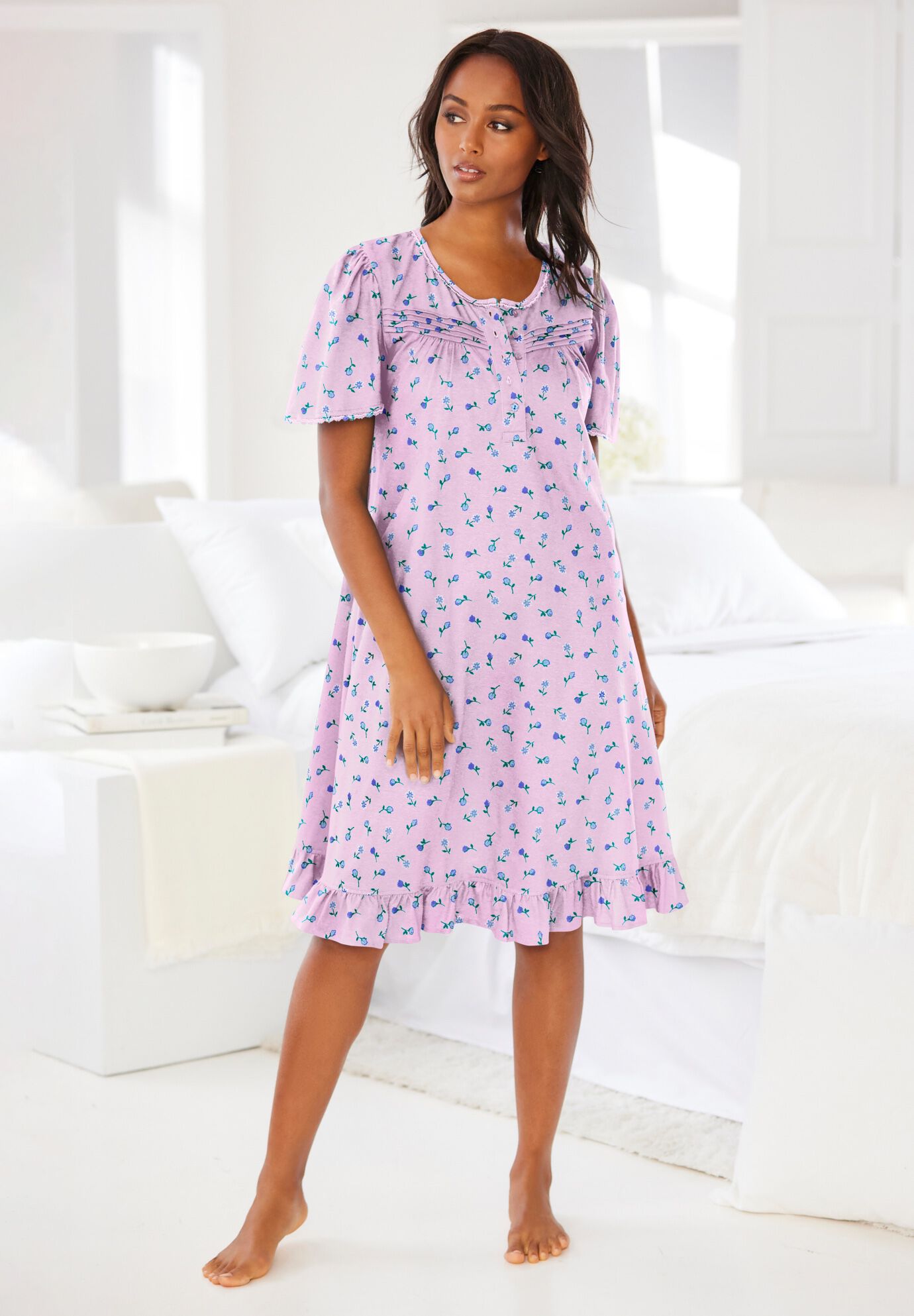Matching Short Floral Gown & Slipper, Pink Ditsy, , hi-res image number 0