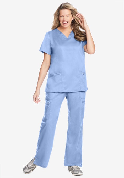 Modern Classic V-Neck Mock Wrap Scrub Top, SKY BLUE, hi-res image number null