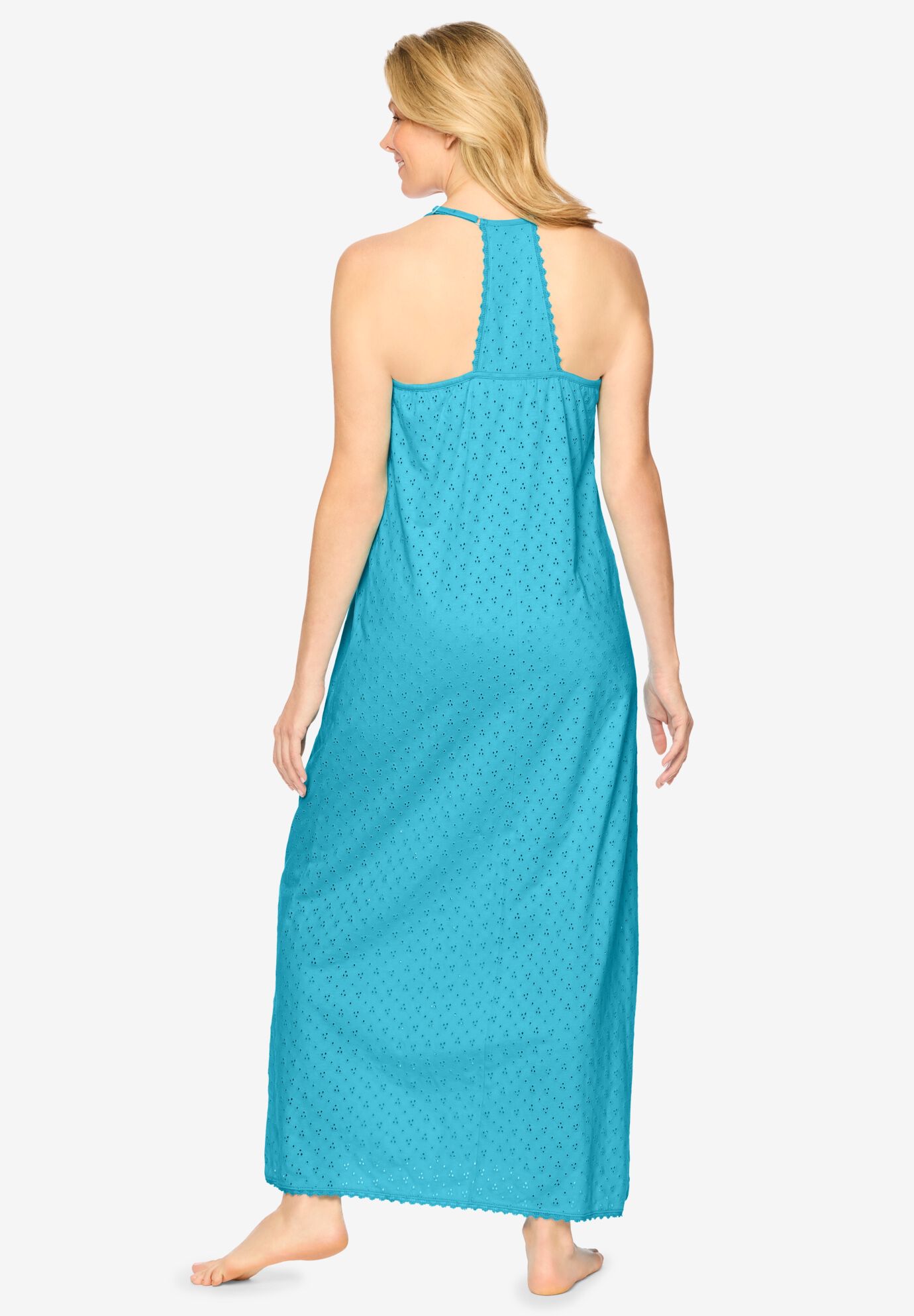 Breezy Eyelet Knit Long Nightgown, CARIBBEAN BLUE, on-hover image number 1