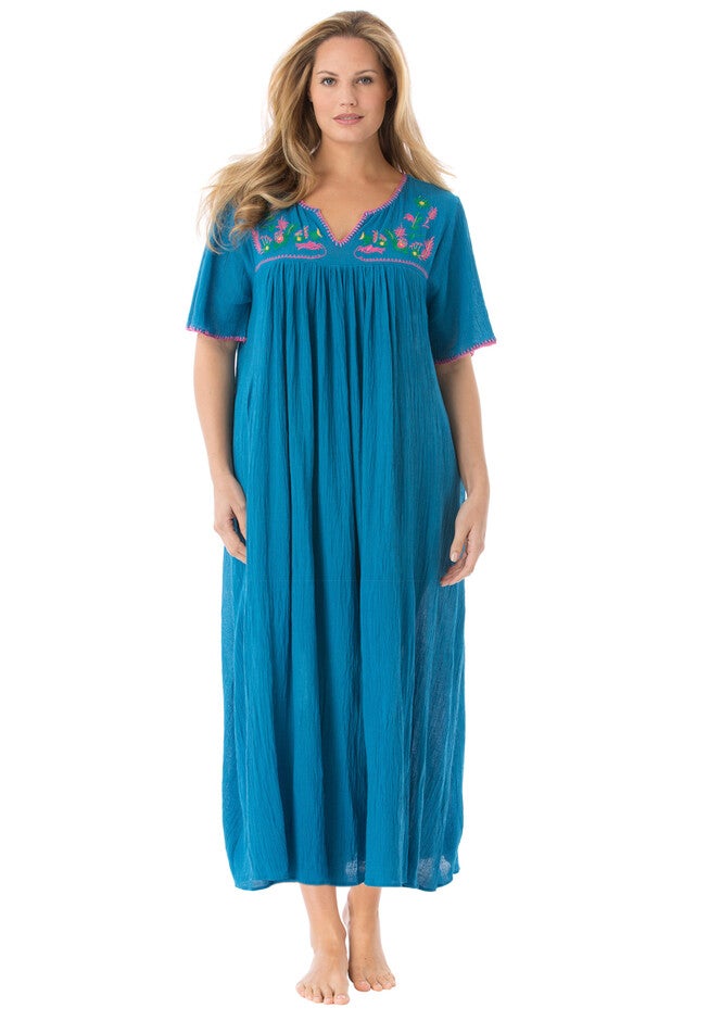 Short-Sleeve Gauze Lounger, DEEP TEAL FOLK EMBROIDERY, hi-res image number null