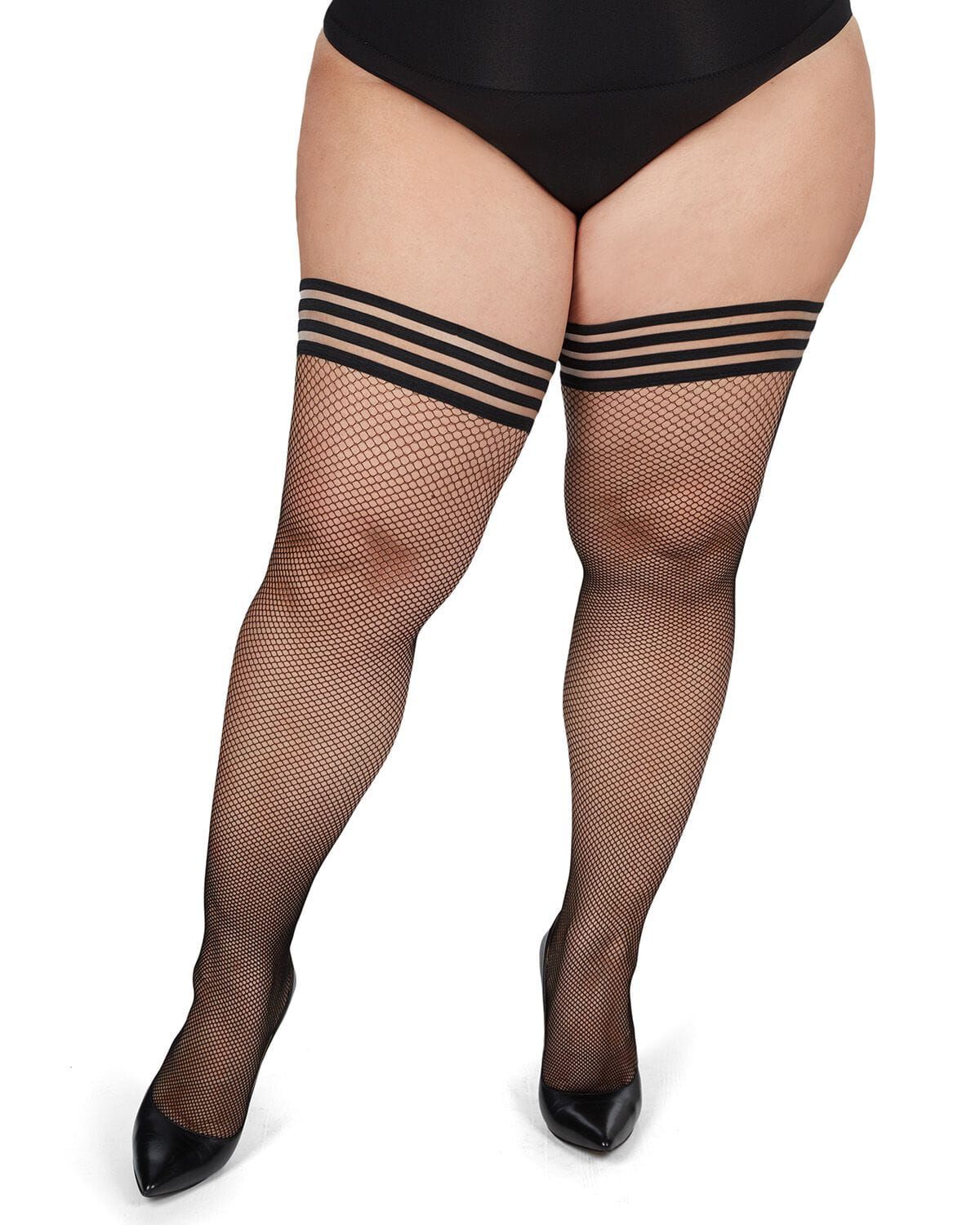 Plus Size Curvy Backseam Fishnet Thigh High Stocking, BLACK RED, alternate image number 2