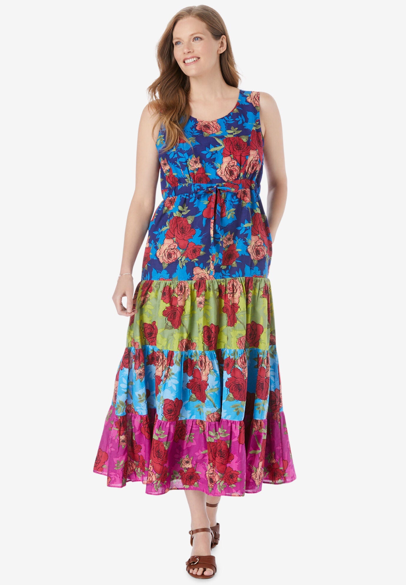 Triple Tiered Sleeveless Maxi Dress, DARK NAVY FLORAL, hi-res image number 0