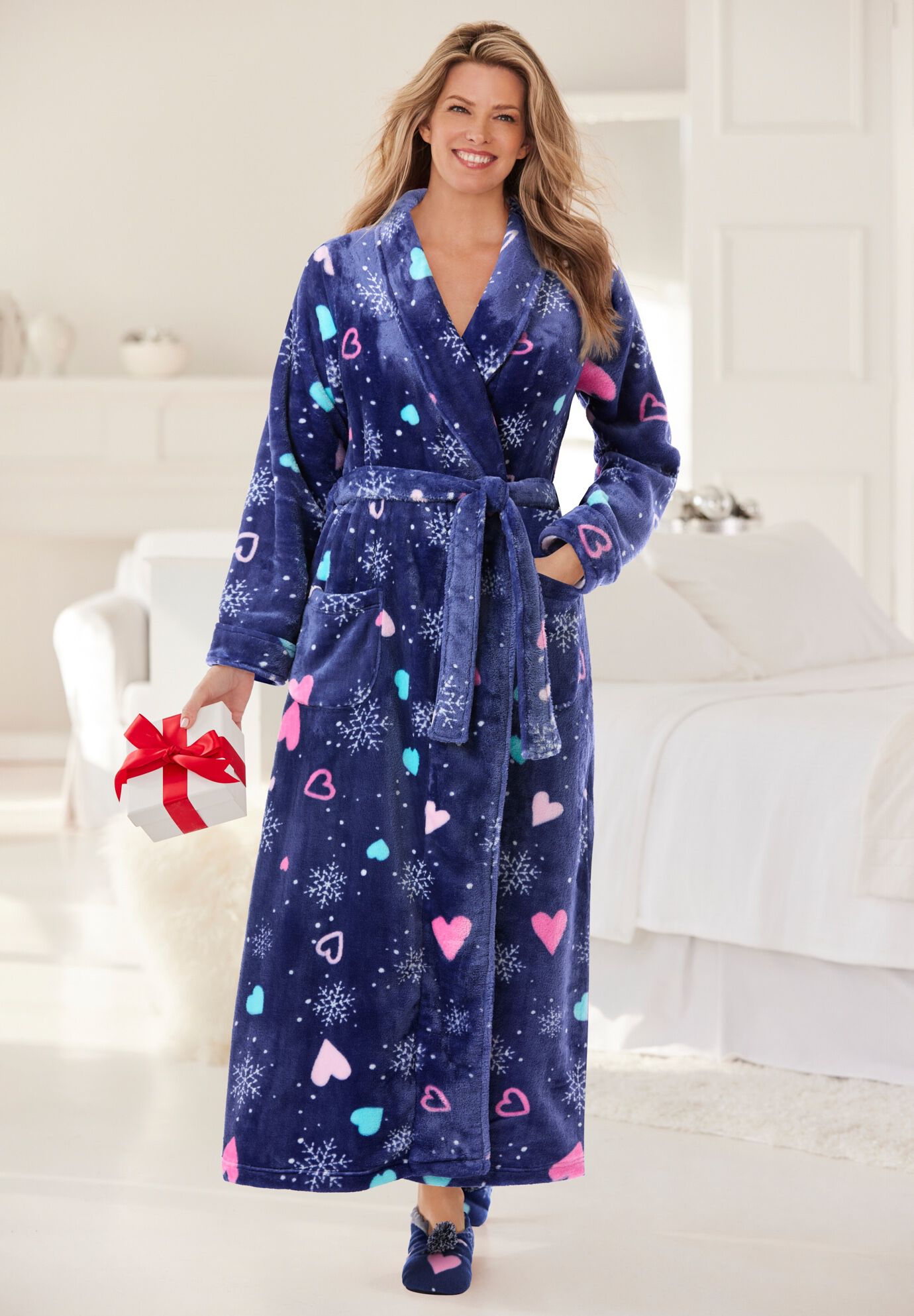 Matching Plush Wrap Robe & Slipper, Evening Blue Snowflakes, , hi-res image number 0