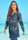 Split-Neck Long Sleeve Swim Tee with Built-In Bra, BLUE PAINTERLY LEAVES, hi-res image number null