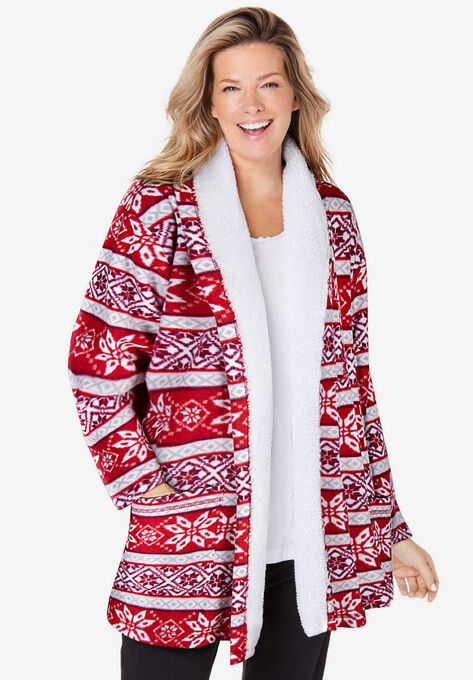 Sherpa Lined Collar Microfleece Bed Jacket , CLASSIC RED FAIR ISLE, hi-res image number null