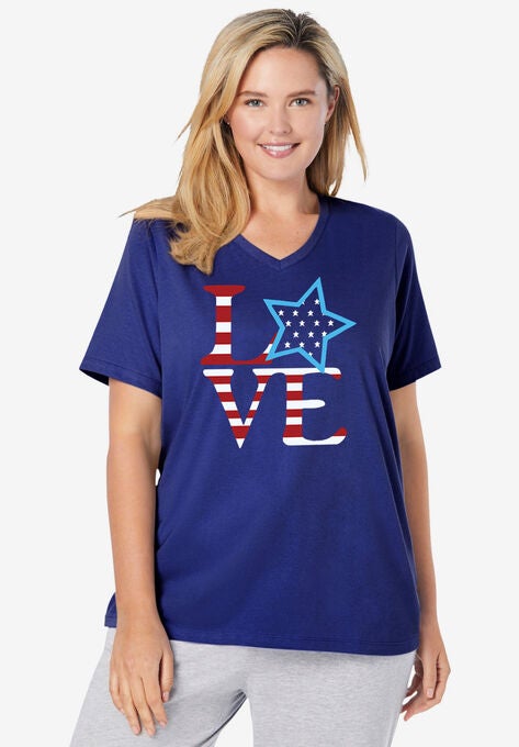 Cotton V-Neck PJ Top, EVENING BLUE LOVE STAR, hi-res image number null