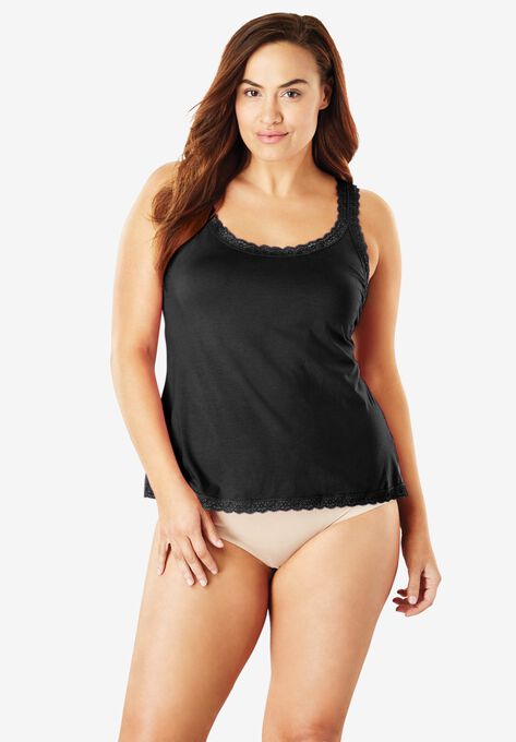 Lace-Trimmed Stretch Cotton Camisole , BLACK, hi-res image number null