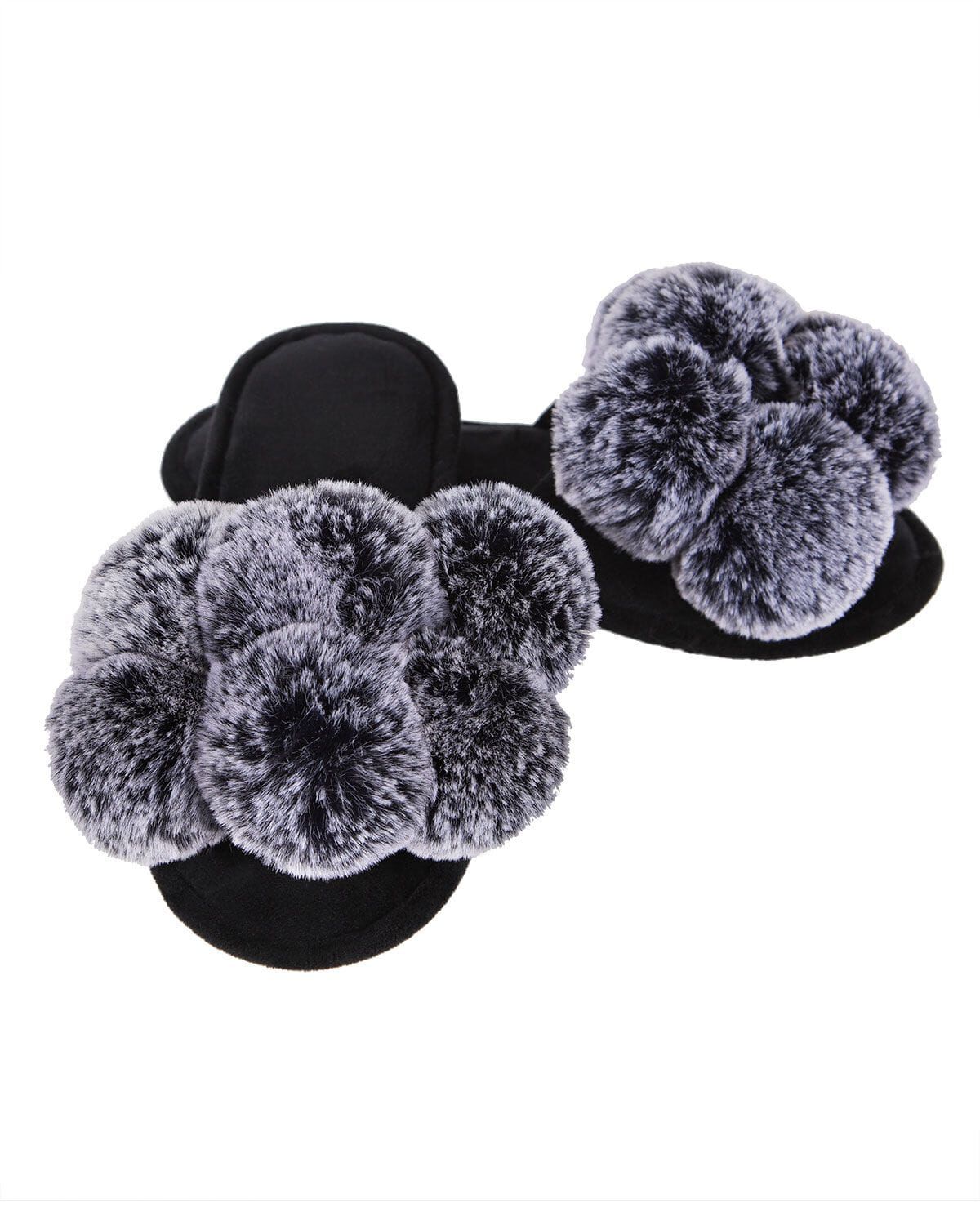 Women's Luxe Pom-Pom Memory Foam Plush Slippers, BLACK, hi-res image number 0