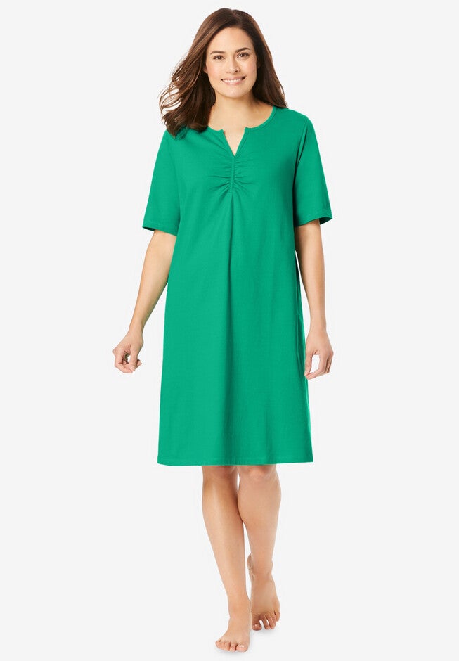Shirred Short-Sleeve Sleepshirt, TROPICAL EMERALD, hi-res image number null