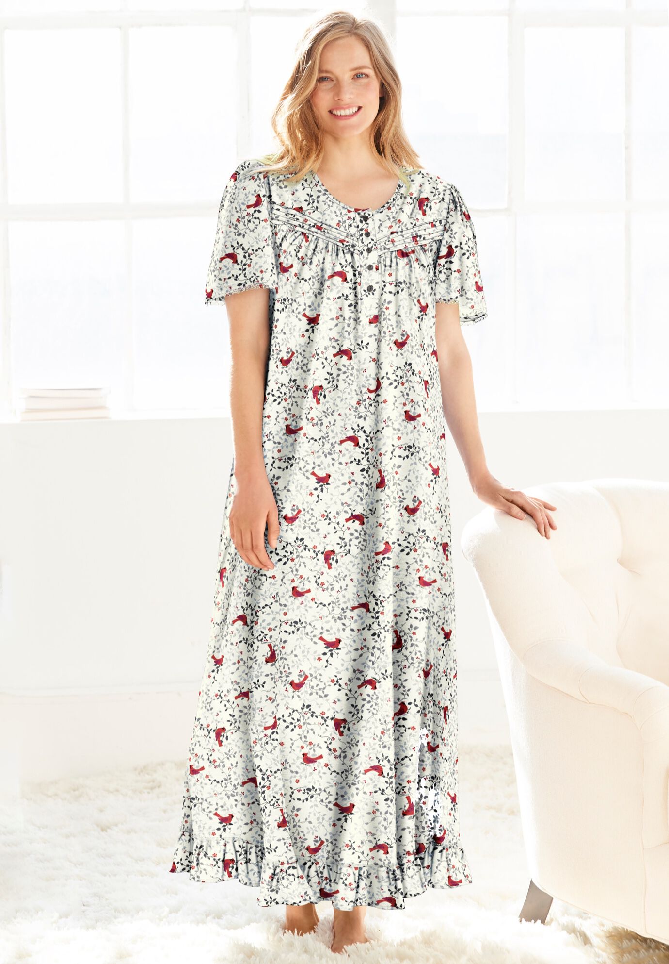 Matching Long Floral Gown & Slipper, Classic Red Cardinals, , hi-res image number 0
