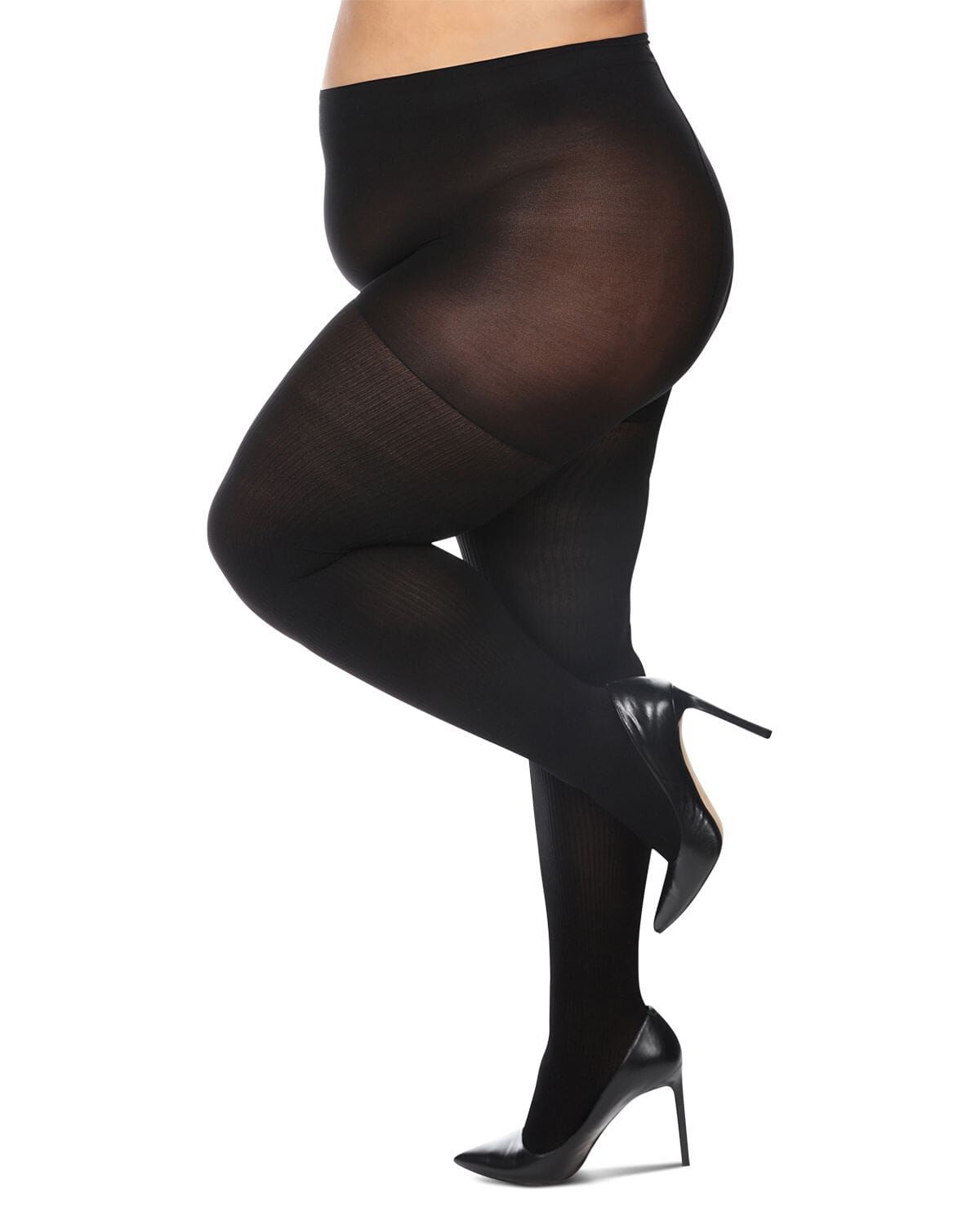 Women's Curvy Twin Rib Opaque Nylon Control Top Tights, BLACK, hi-res image number 0