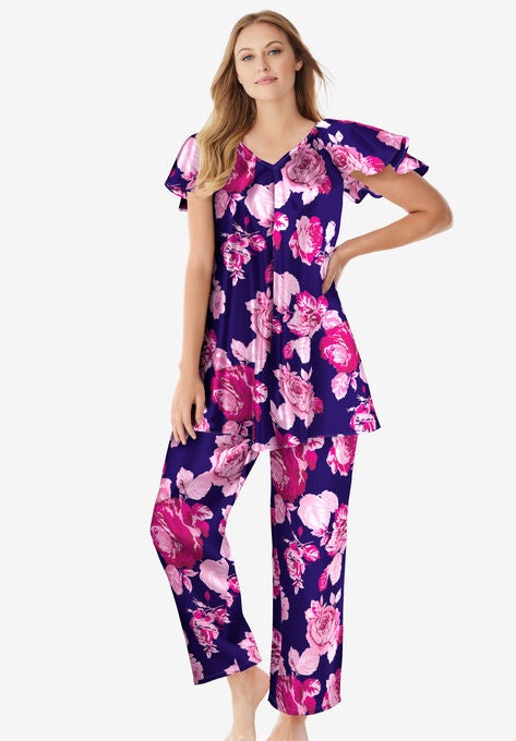 The Luxe Satin PJ Set , NAVY ROSES, hi-res image number null