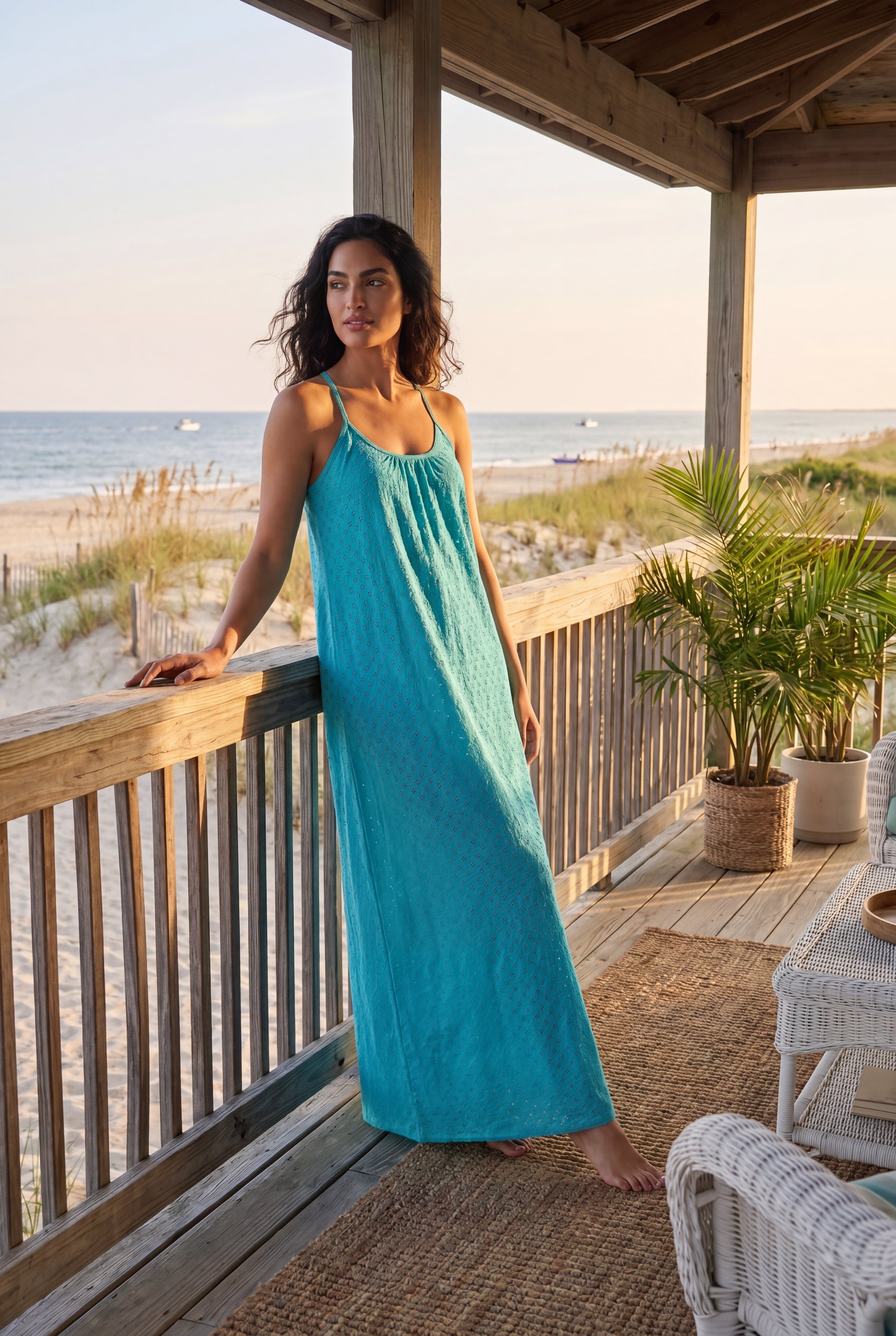 Breezy Eyelet Knit Long Nightgown, CARIBBEAN BLUE, hi-res image number 0