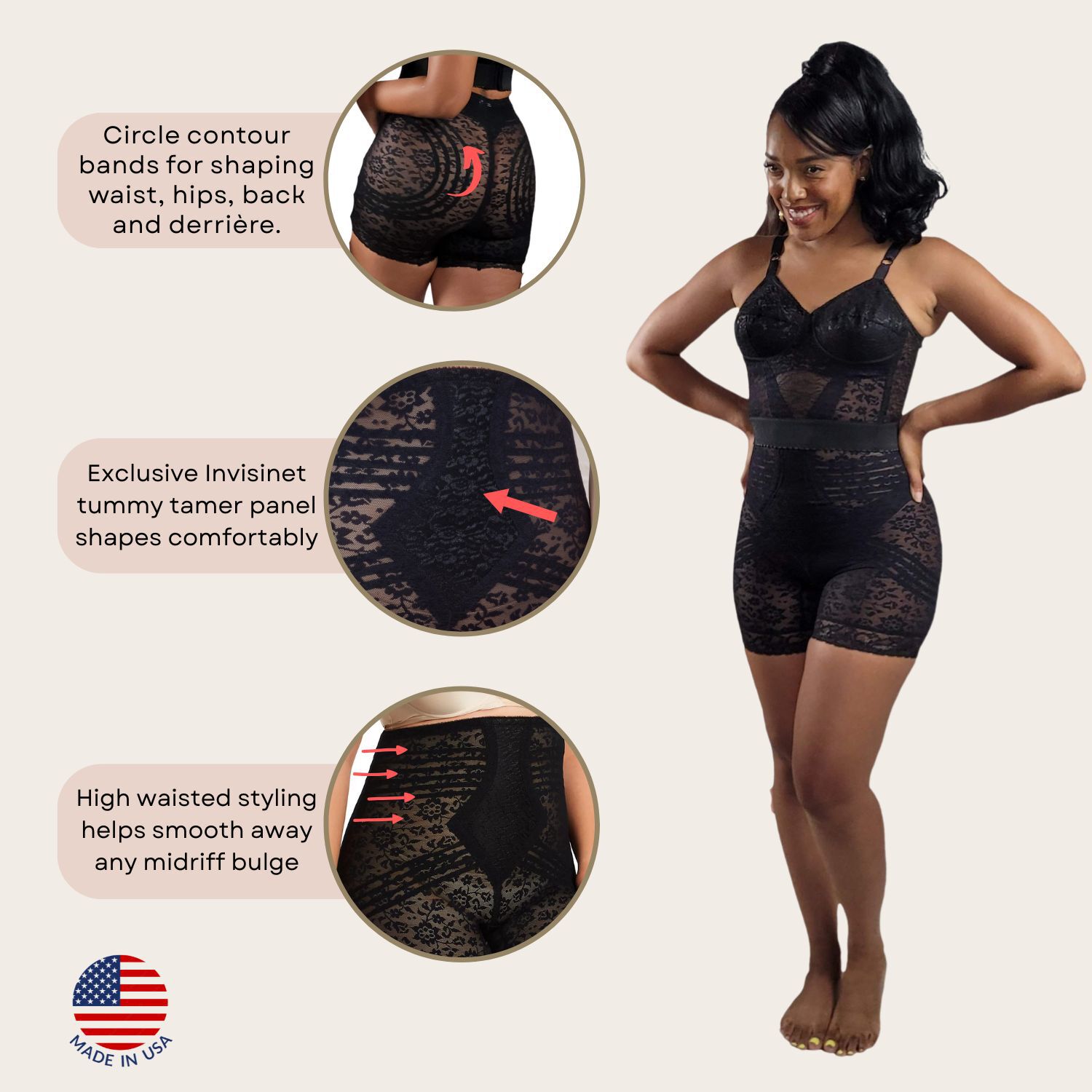 No Roll High Waist Lace Thigh Slimmer with Extra Firm Support, BLACK, alternate image number 4