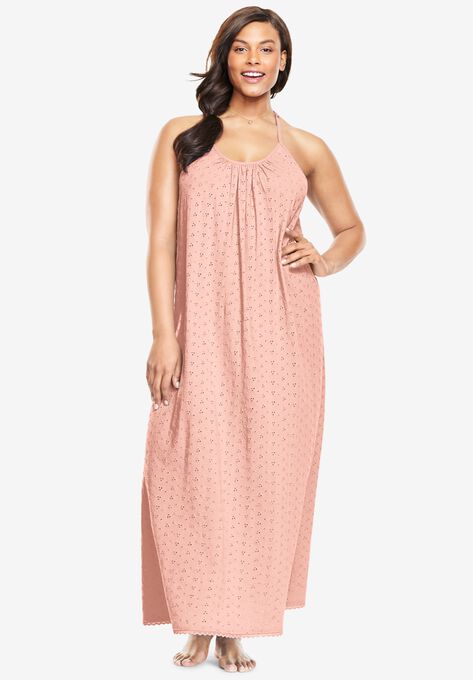 Breezy Eyelet Knit Long Nightgown, PEACH CREAM, hi-res image number null