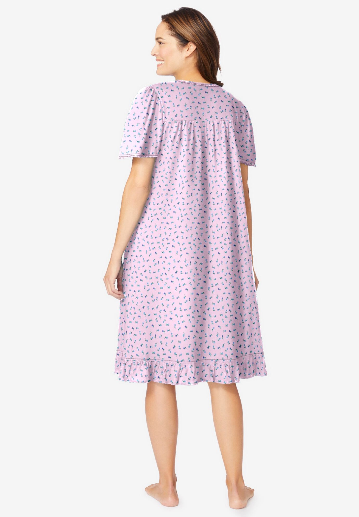 Short Floral Print Cotton Gown, PINK DITSY, on-hover image number 1
