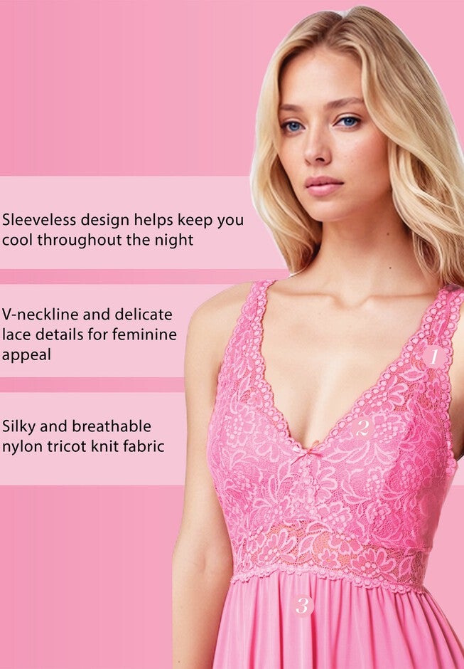 Women'S Classy Nylon Tricot Sleeveless Long With Stretchy Lace Night Gown, , alternate image number 3