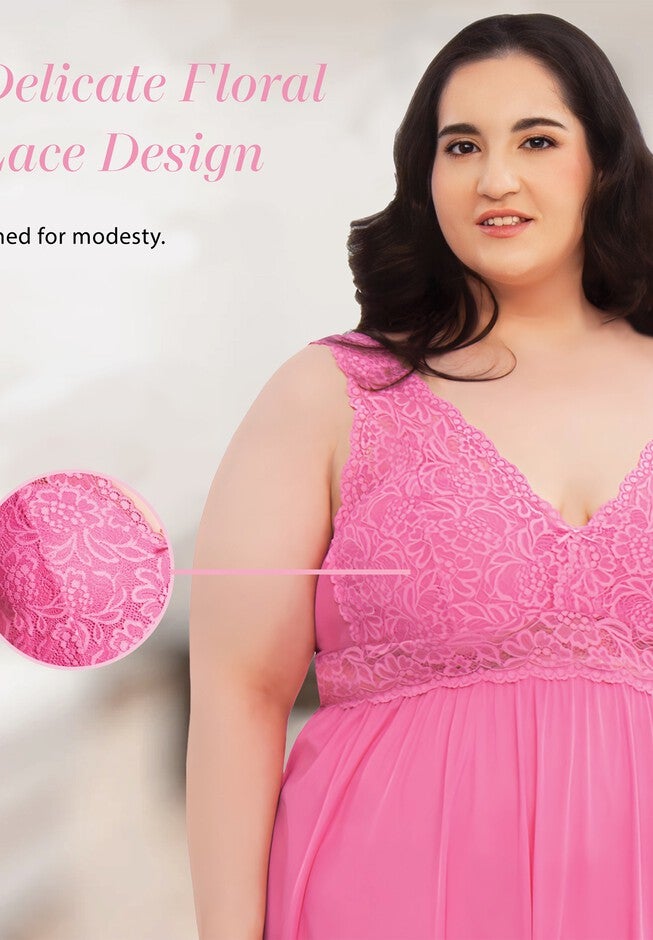 Women'S Classy Nylon Tricot Sleeveless Long With Stretchy Lace Night Gown, , alternate image number 1