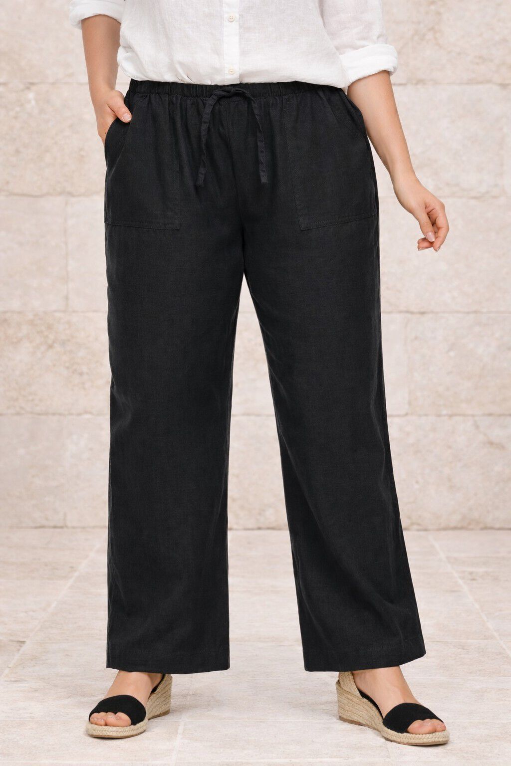 Linen-Blend Elastic Waist Drawstring Relaxed Pant