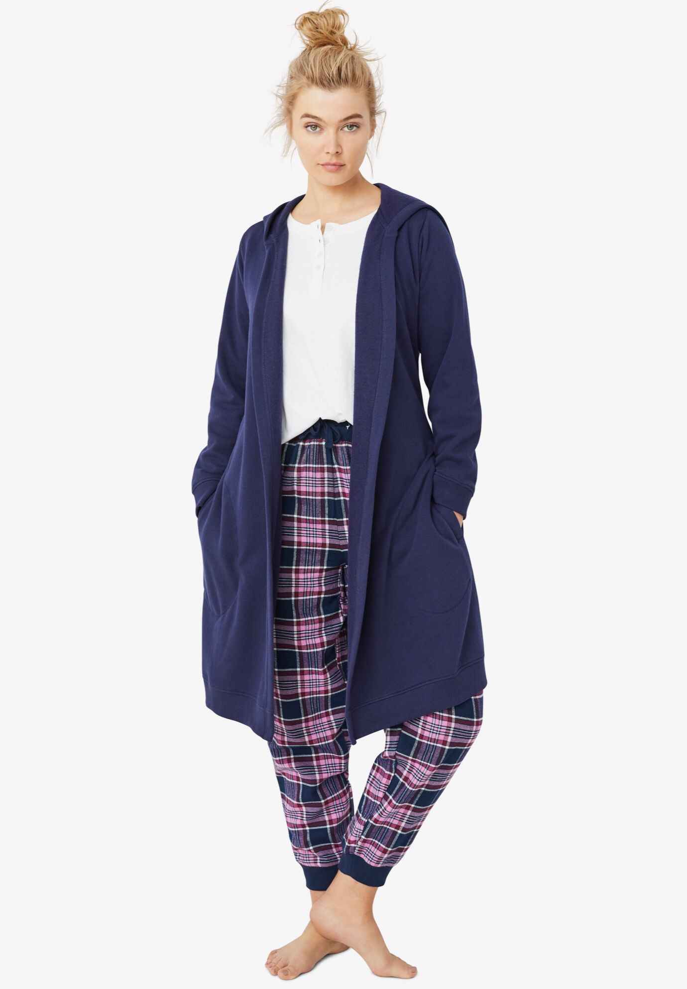 Hooded Fleece Robe, NAVY, hi-res image number 0