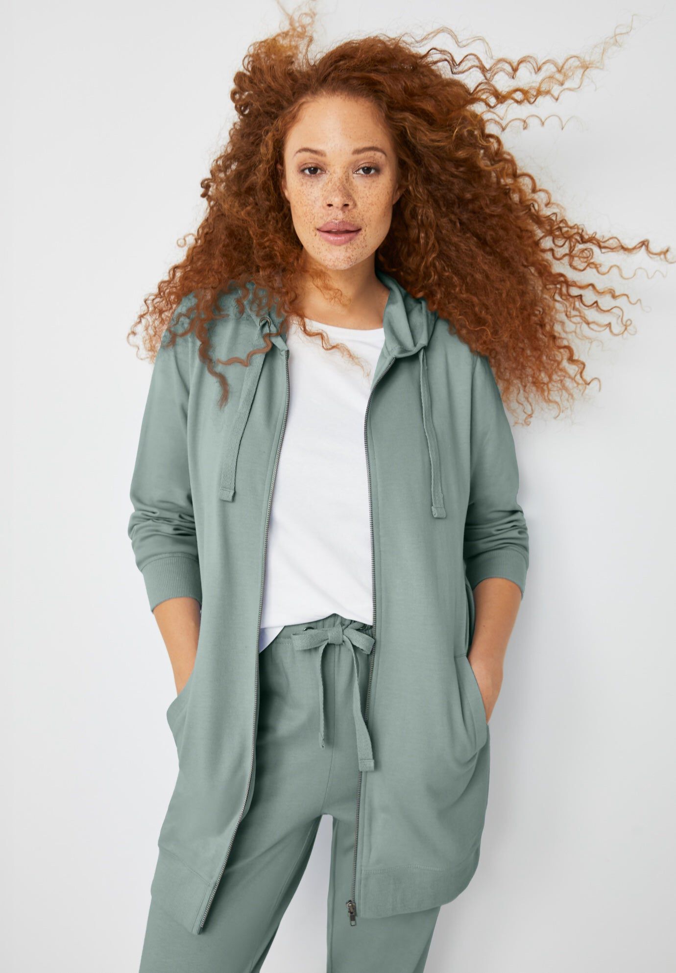 French Terry Long Sleeve Zip-Front Tunic Hoodie