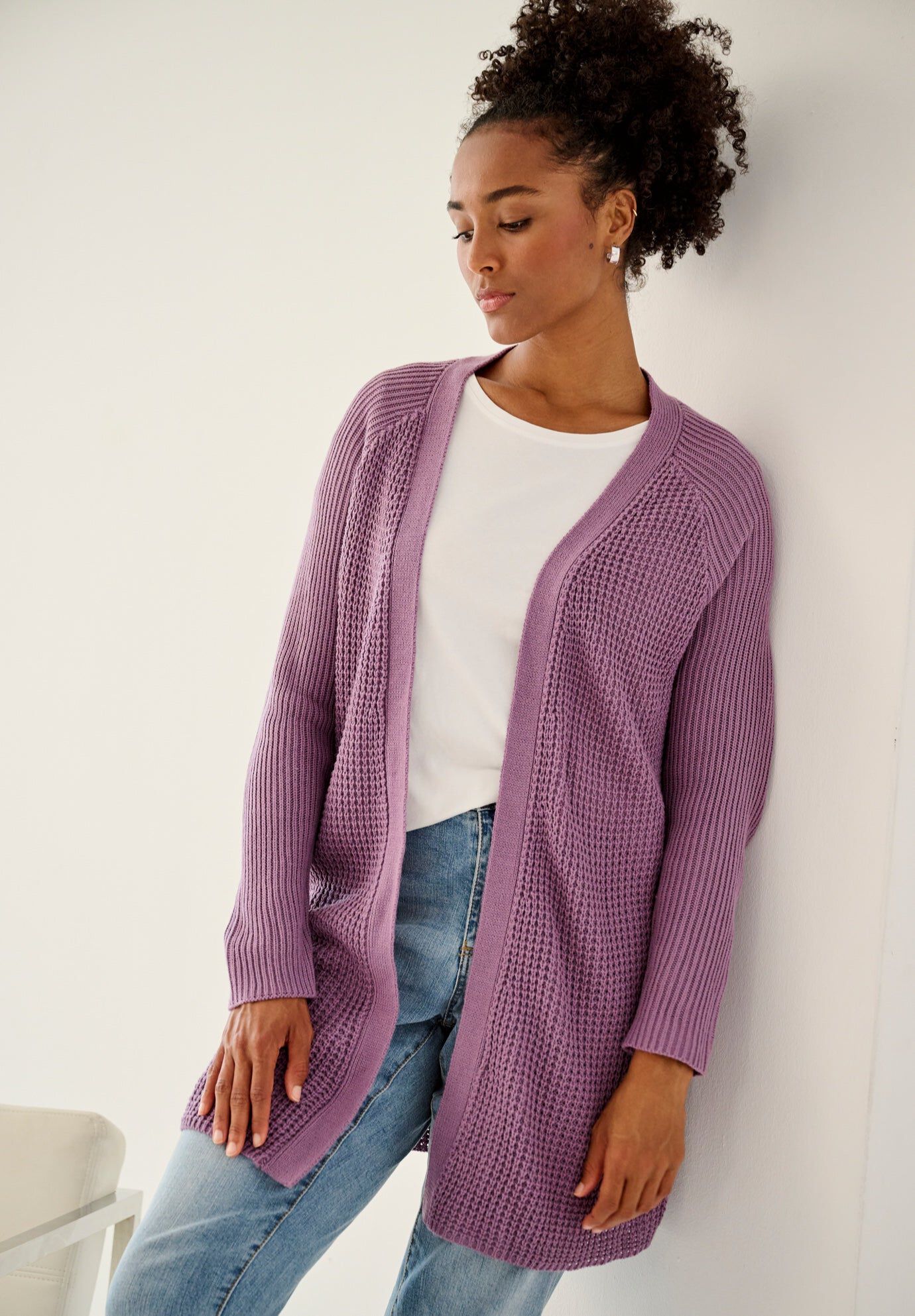 Open Front Long Ribbed Sleeve Waffle Cardigan