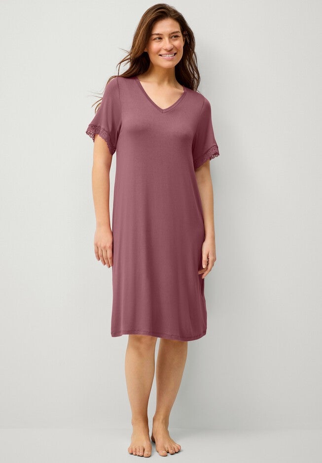 V-Neck Lace Trim Nightgown, VINTAGE PLUM, hi-res image number null