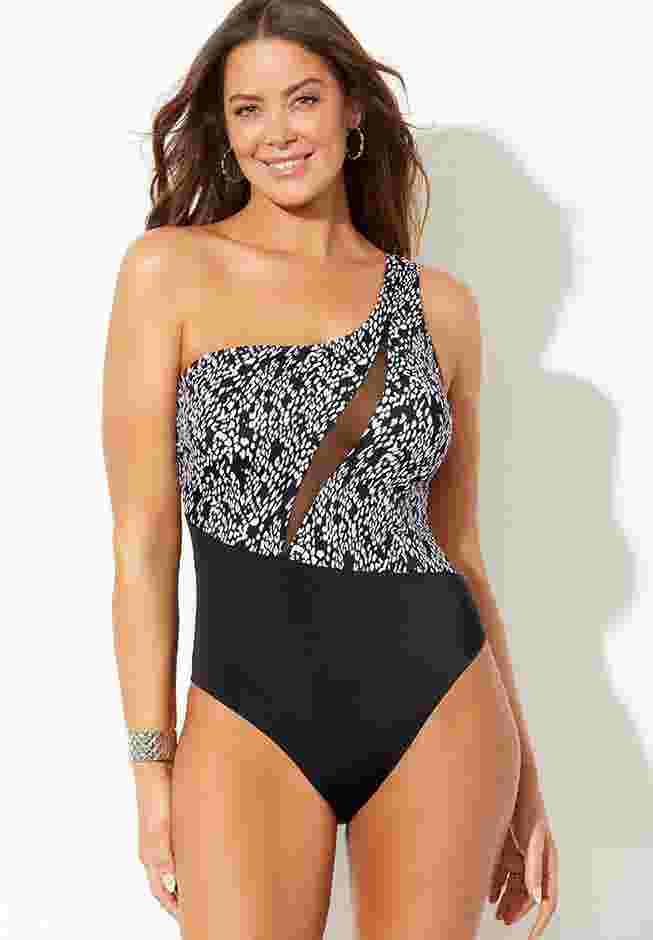 One Shoulder Mesh One Piece Swimsuit image number 0
