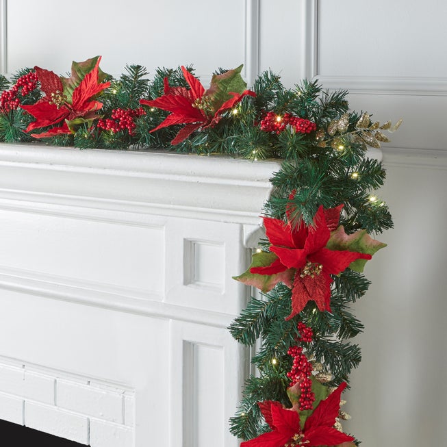 Pre-Lit Poinsettia 9' Garland image number 0
