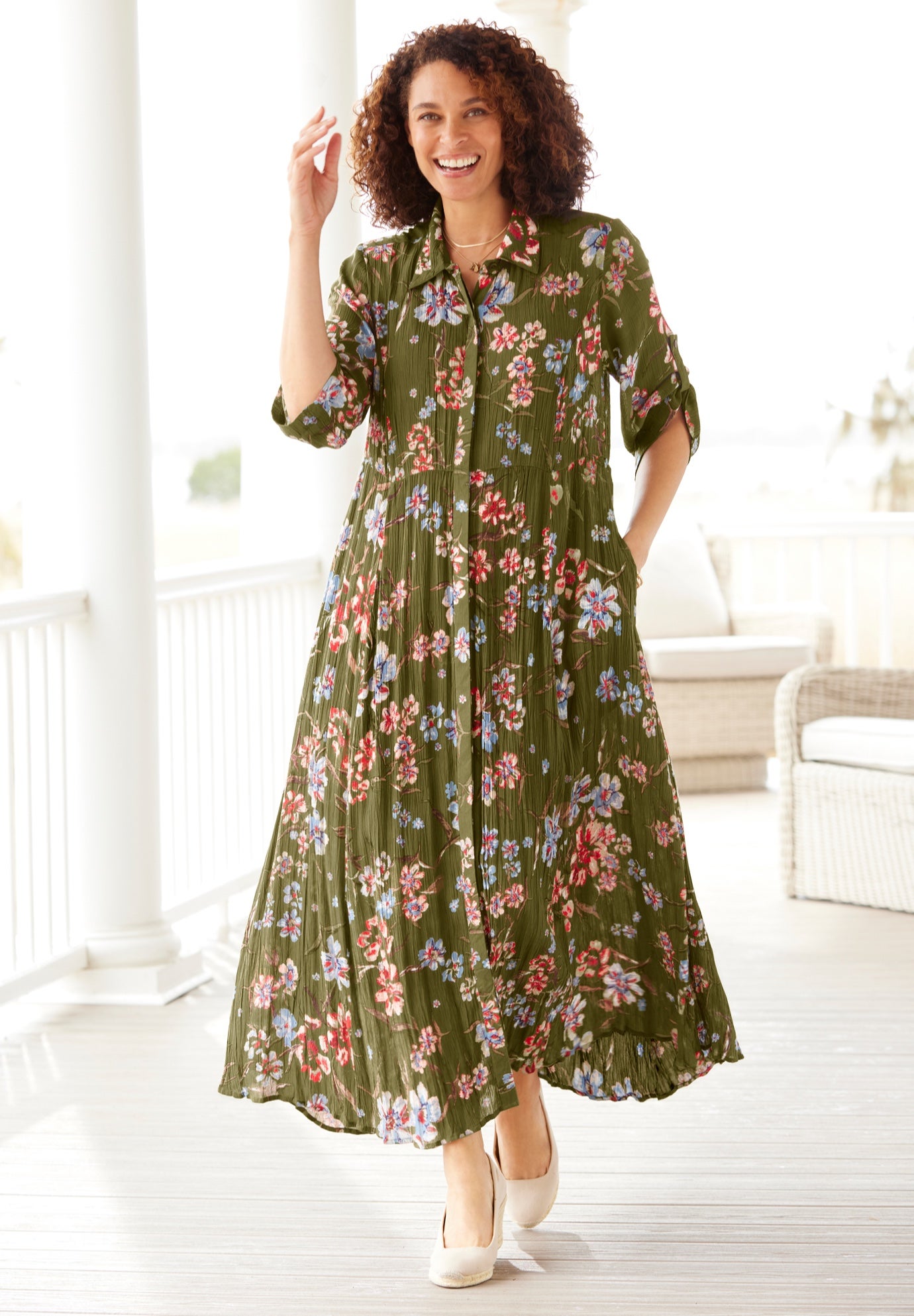 Roll-Tab Sleeve Crinkle Shirtdress image number 0