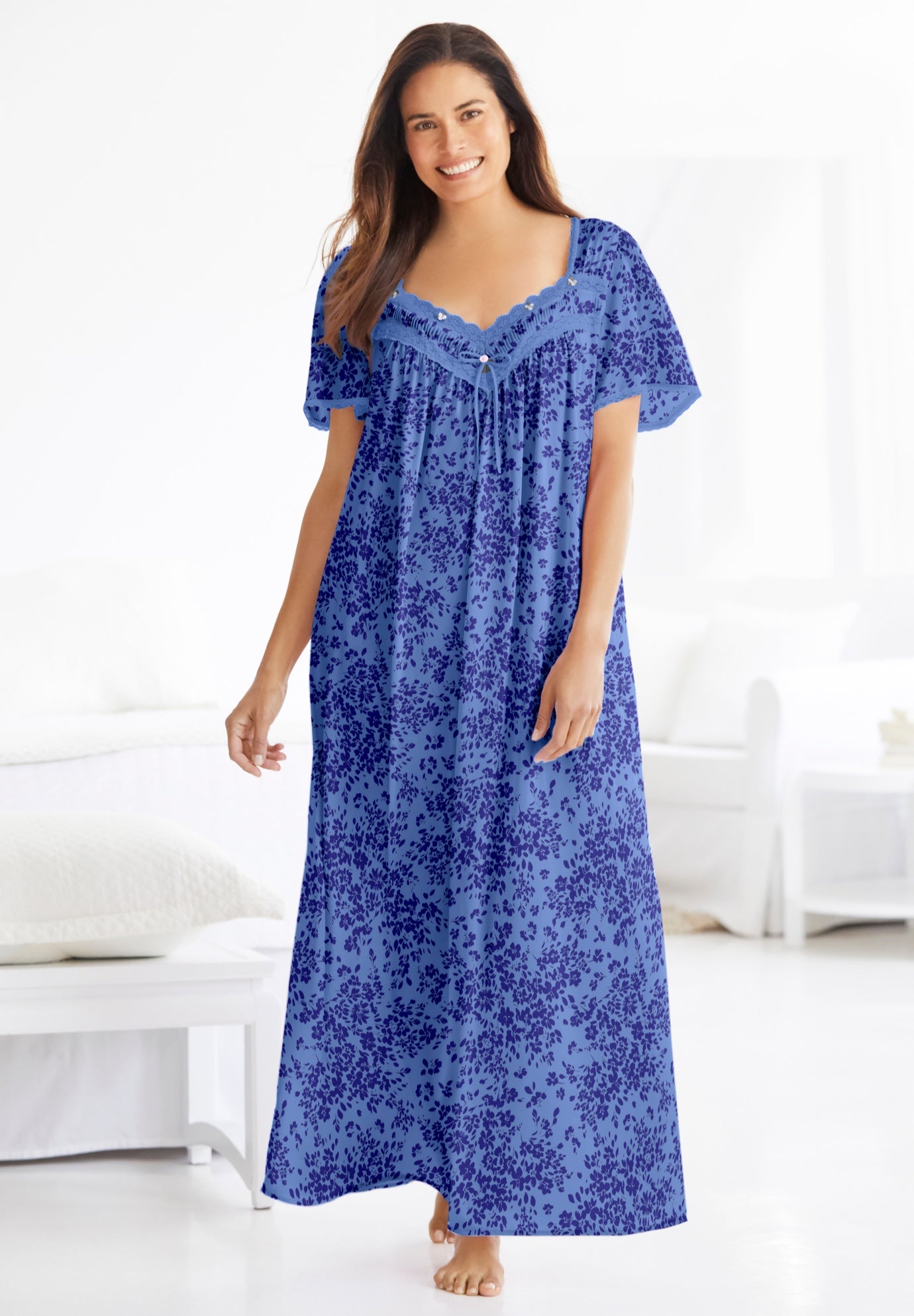 Long Silky Lace-Trim Gown image number 4